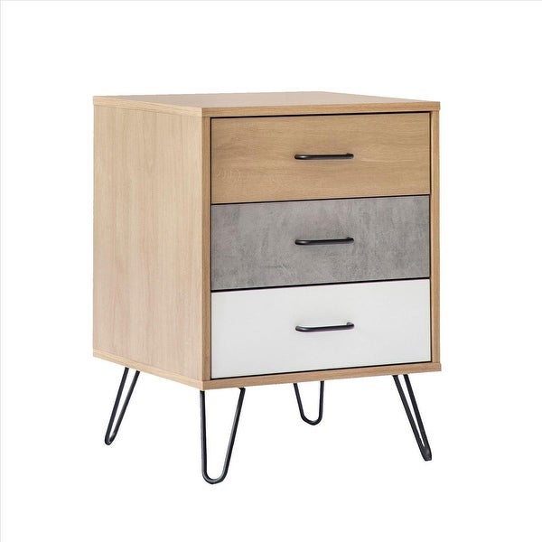 Side Table with 3 Drawers and Metal Hairpin Legs - 23.62 H x 17.56 W x 16.65 L Inches