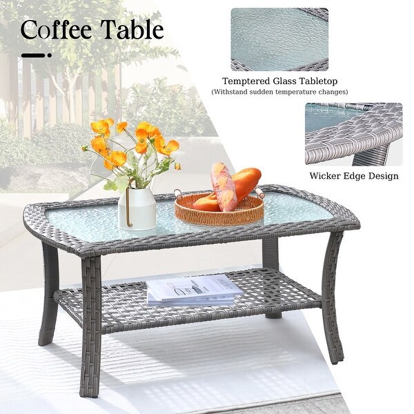 HOOOWOOO Outdoor 4piece Wicker Conversation Sofa Set with Glass Coffee Table