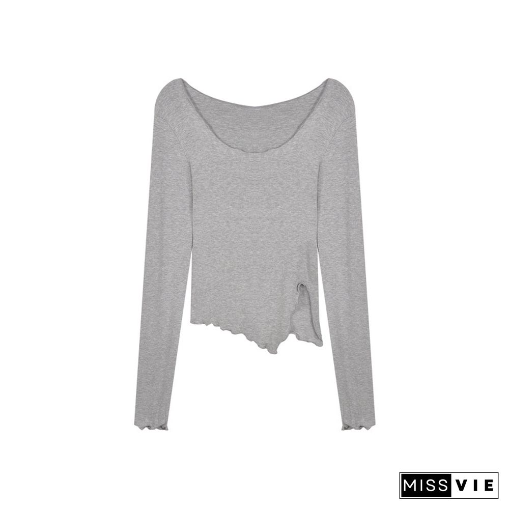 Long Sleeve T-shirts Women Fungus Line Irregular Hem Knitted Slender Autumn Bottoming Tees Chic Fashion Sexy Solid Ulzzang New