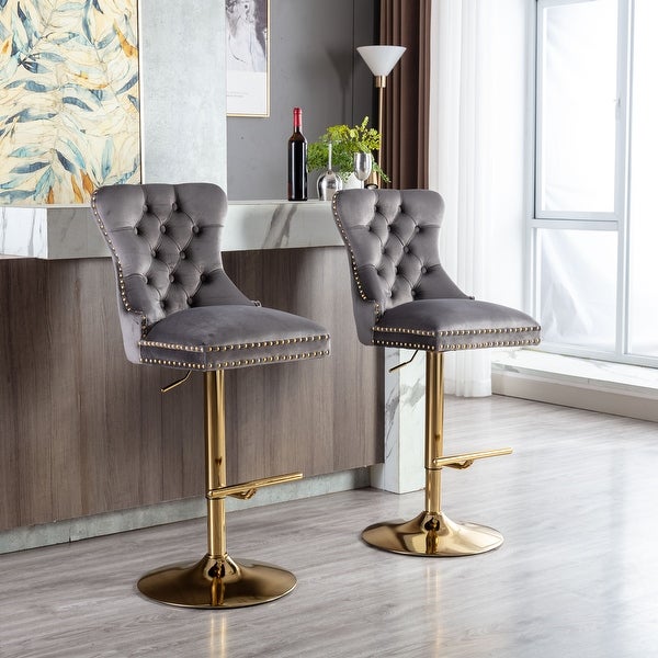 Modern Swivel Bar Stools Set of 2 Adjustable Counter Height with Velvet Upholstered Stool with High Back and Ring Pull