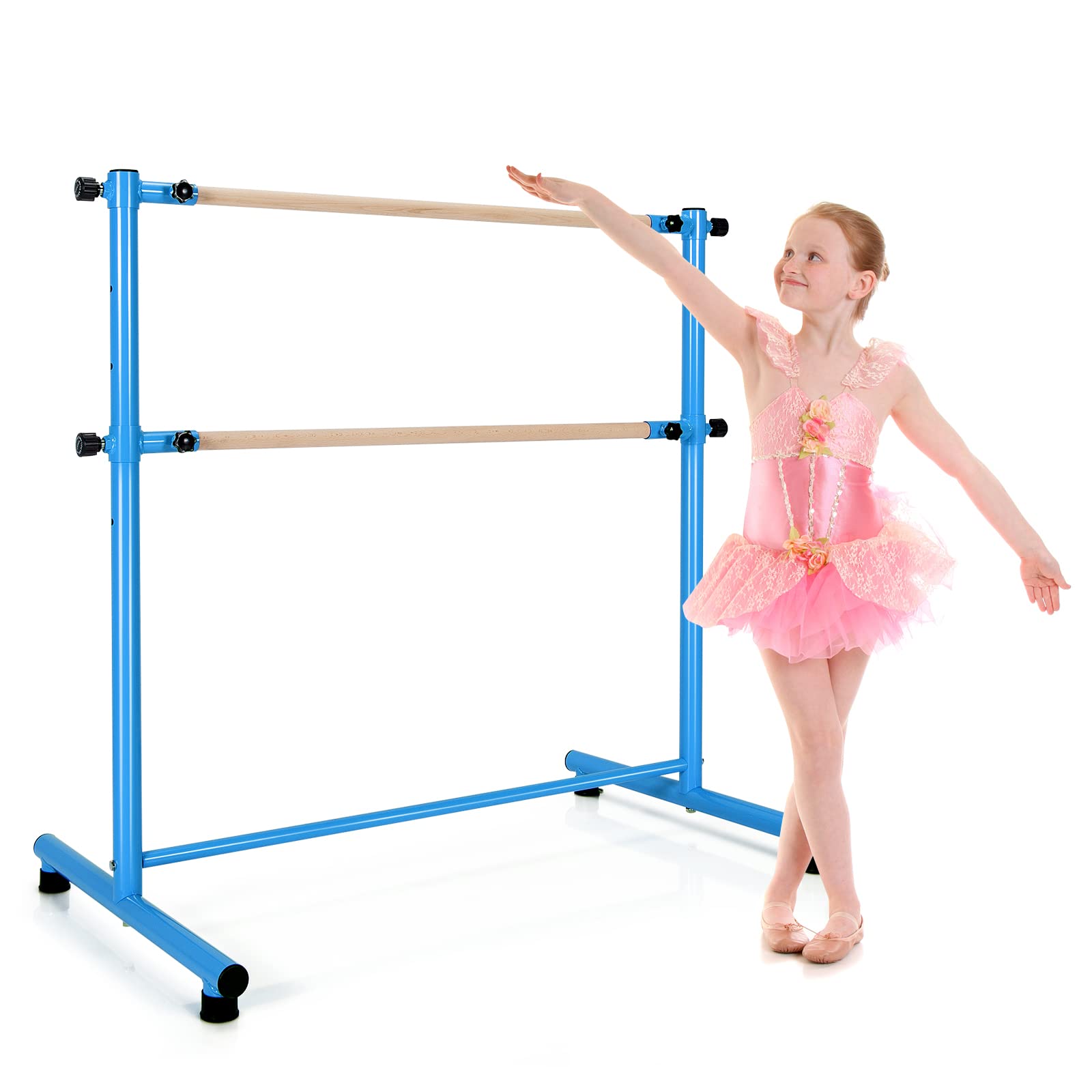 Costzon Portable Ballet Barre, 4FT Height Adjustable Double Wood Bar, Freestanding Fitness Dance Bar