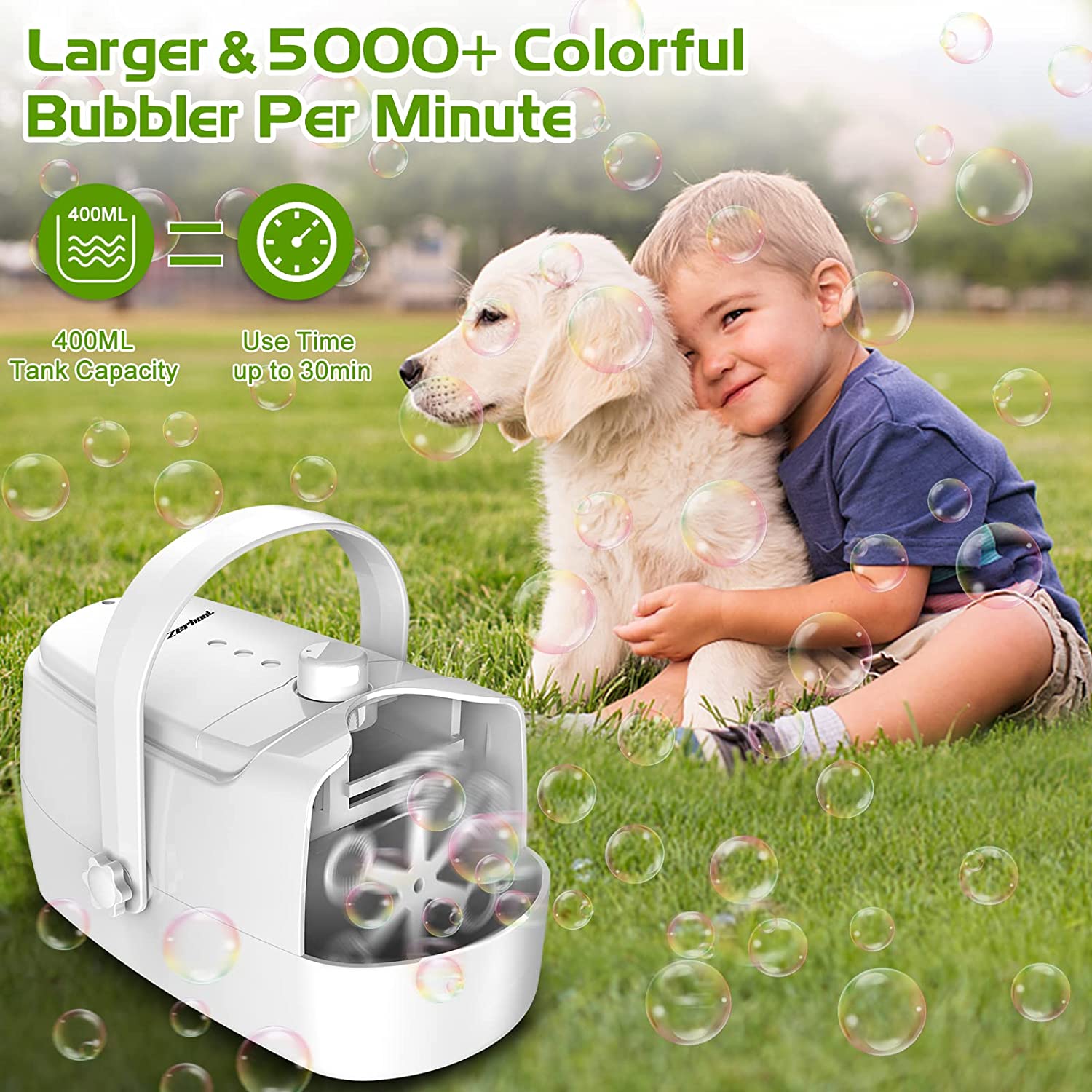 Bubble Machine Durable Automatic Bubble Blower， 5000+ Bubbles Per Minute Bubbles for Kids Toddlers Bubble Maker Operated by Plugin or Batteries Bubble Toys for Indoor Outdoor Birthday Party