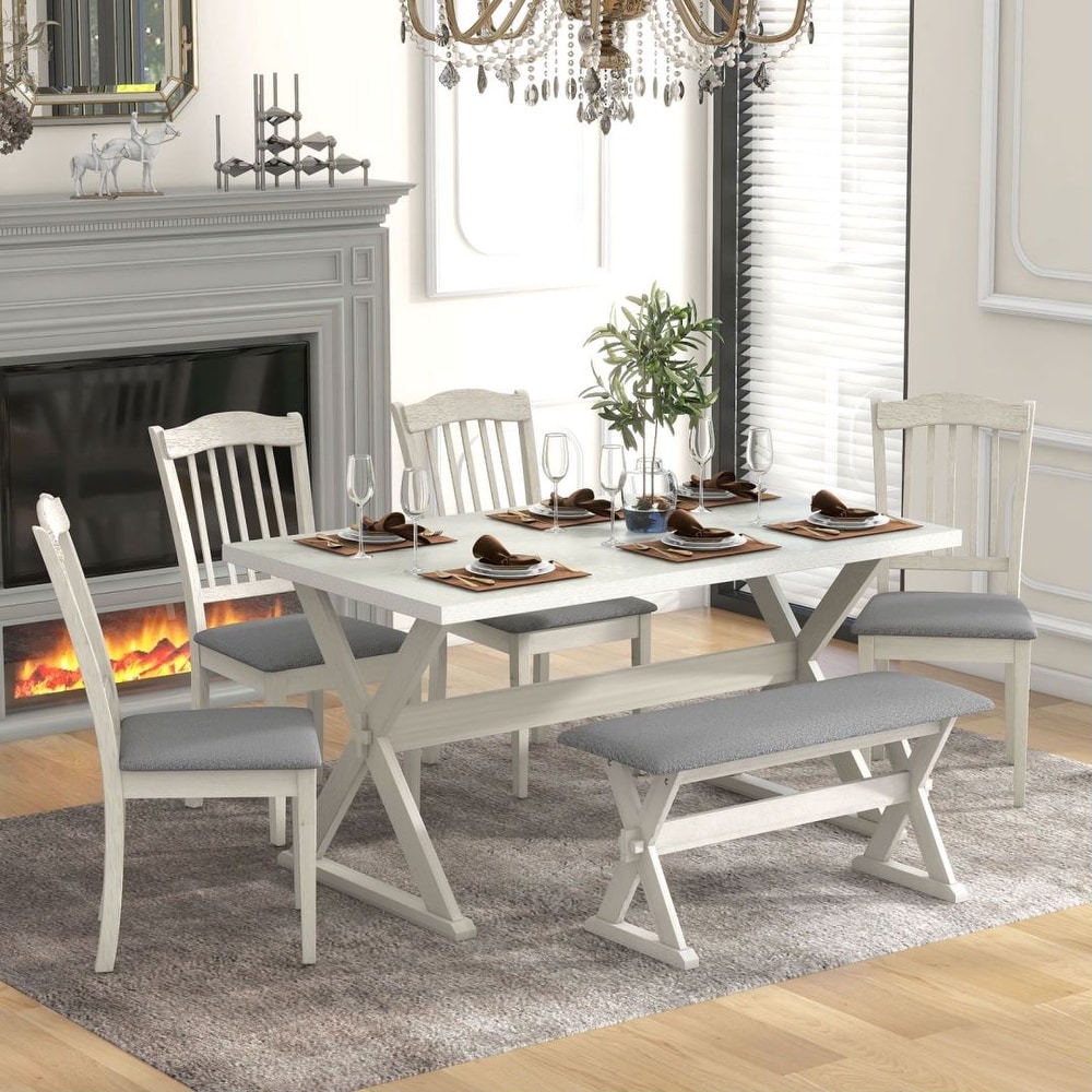 6 Piece Rustic Dining Set Trestle Table and 4 Upholstered Chairs   1 Bench