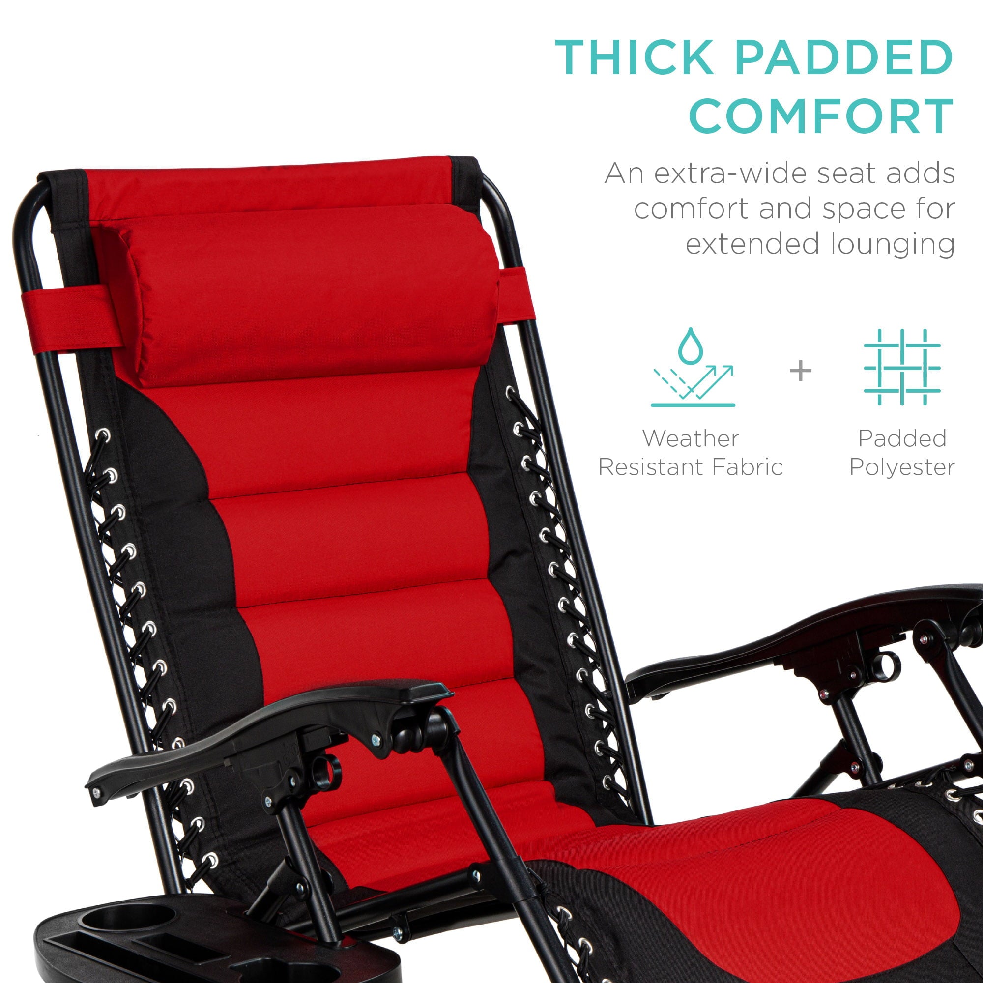 Best Choice Products Oversized Padded Zero Gravity Chair, Folding Outdoor Patio Recliner w/ Headrest, Side Tray - Red