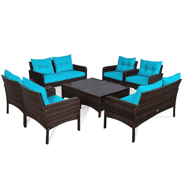 Costway 8pcs Patio Rattan Sectional Furniture Set Loveseat Sofa Coffee Table W turquoise Cushion