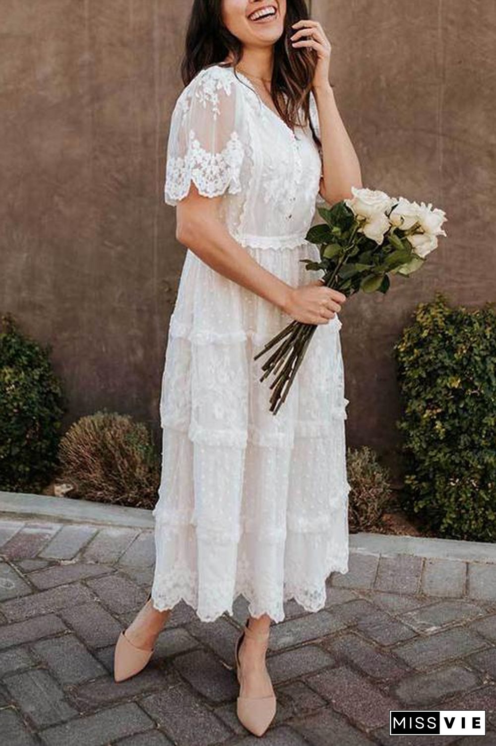 Button Lace V Neck Short Sleeve Maxi Dress