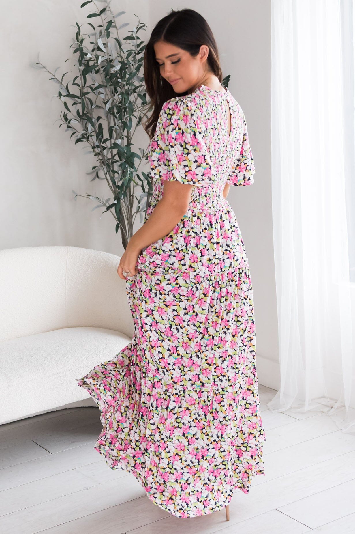 Faithann pink and white floral print short-sleeved tiered maxi dress