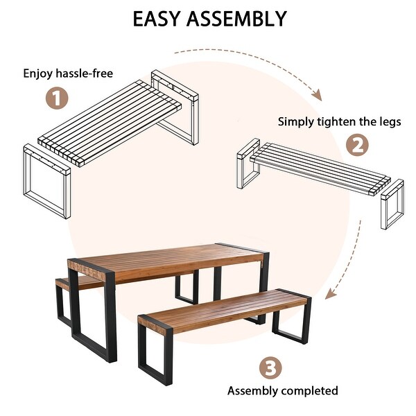 3Piece Acacia Outdoor Picnic Table Set With 2 Benches，With Acacia Wood Top and Steel Frame