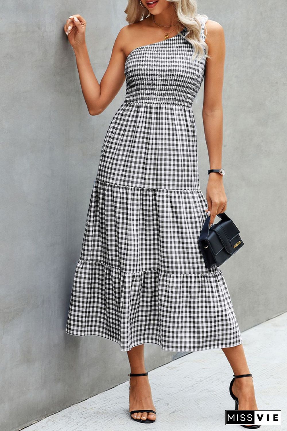 Plaid One Shoulder Pleated Ruffles Long Dress Wholesale