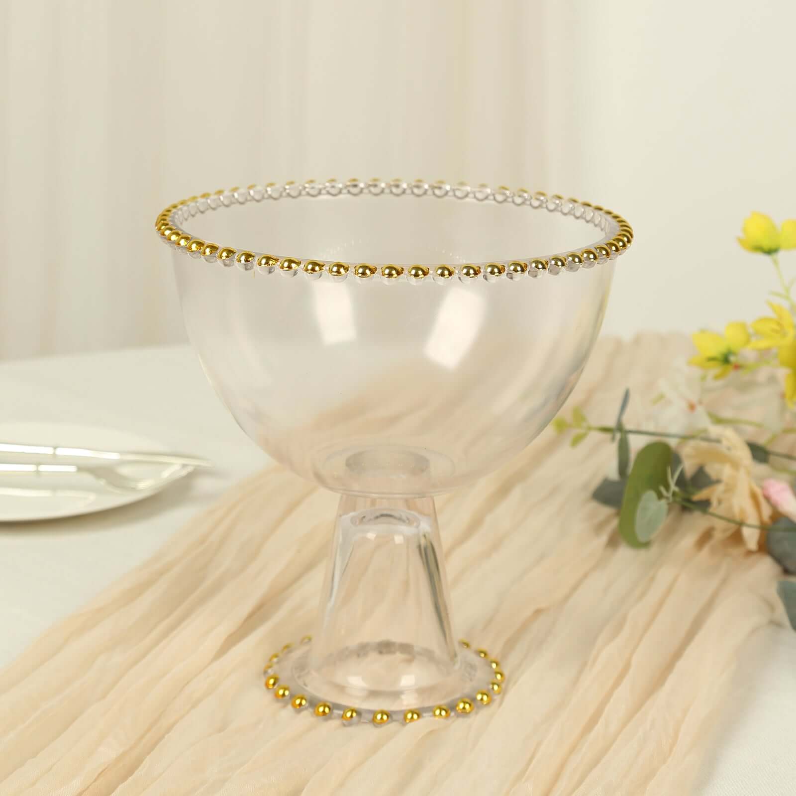 Clear Compote Pedestal Bowl Glass Flower Vase With Gold Beaded Rim, Round Footed Candy Trifle Bowl Dessert Display Stand - 8