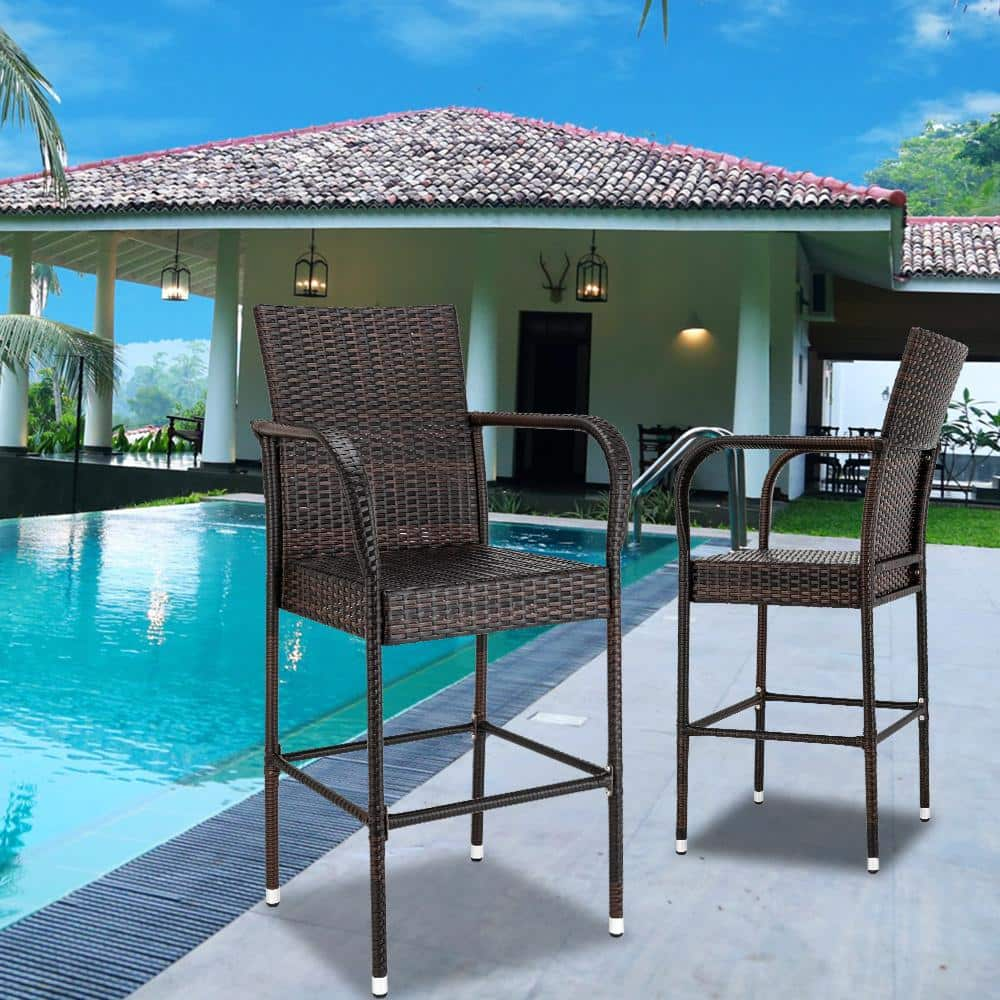 2-Piece High Wicker Outdoor Bar Stool Brown Gradient H-D0102HPKMHU