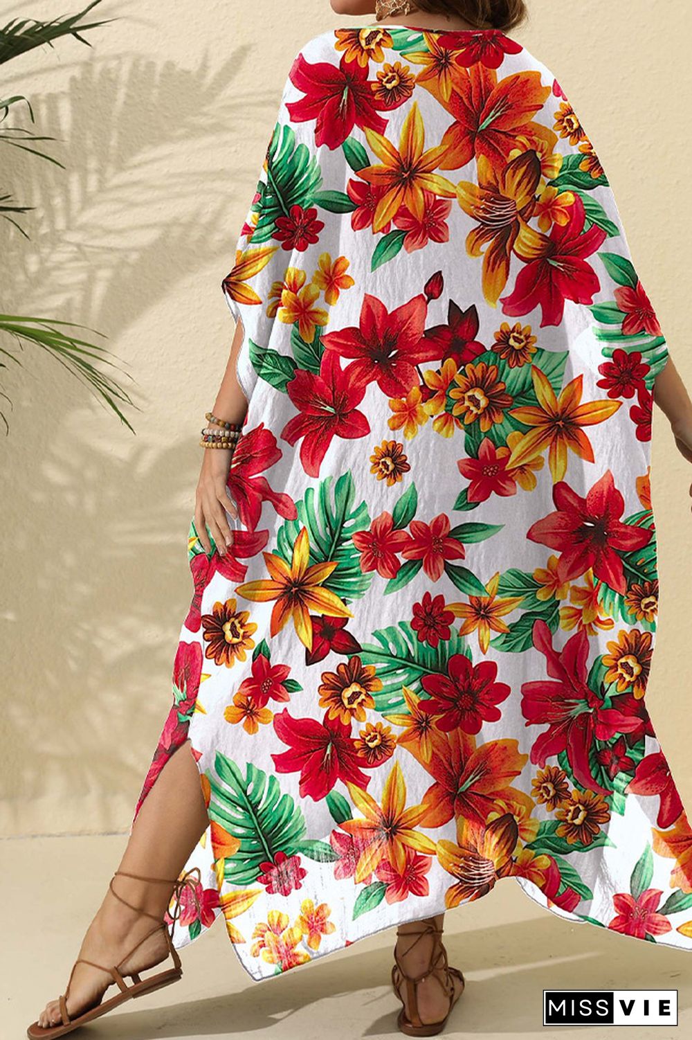 Red Floral Oversize Kimono Cover Up Dress