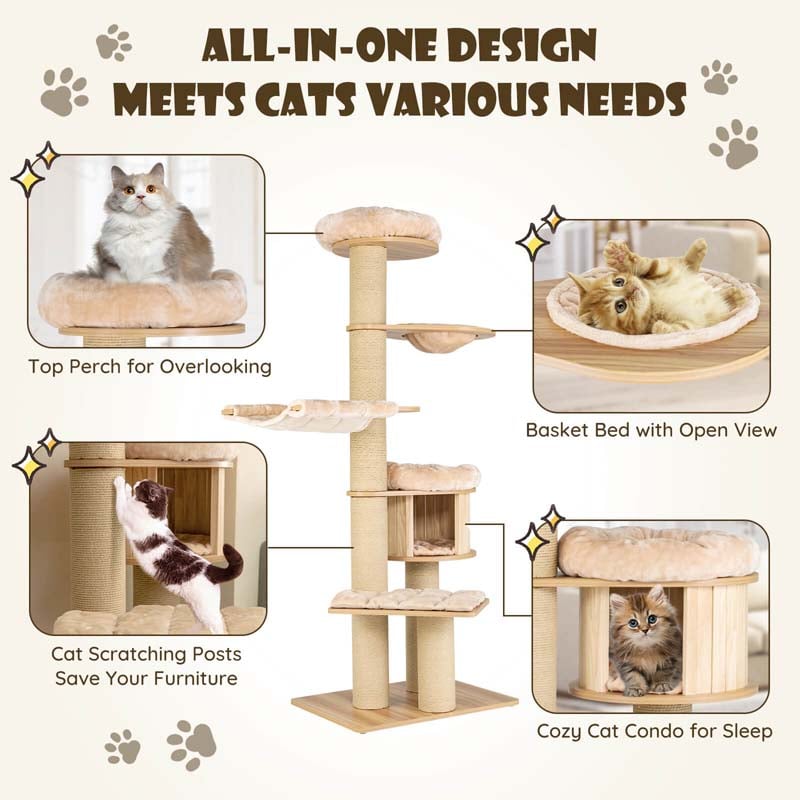 Multi-Level Large Cat Tower with Cat Condo, Modern Wood Tall Cat Tree with Sisal Posts & Washable Mats