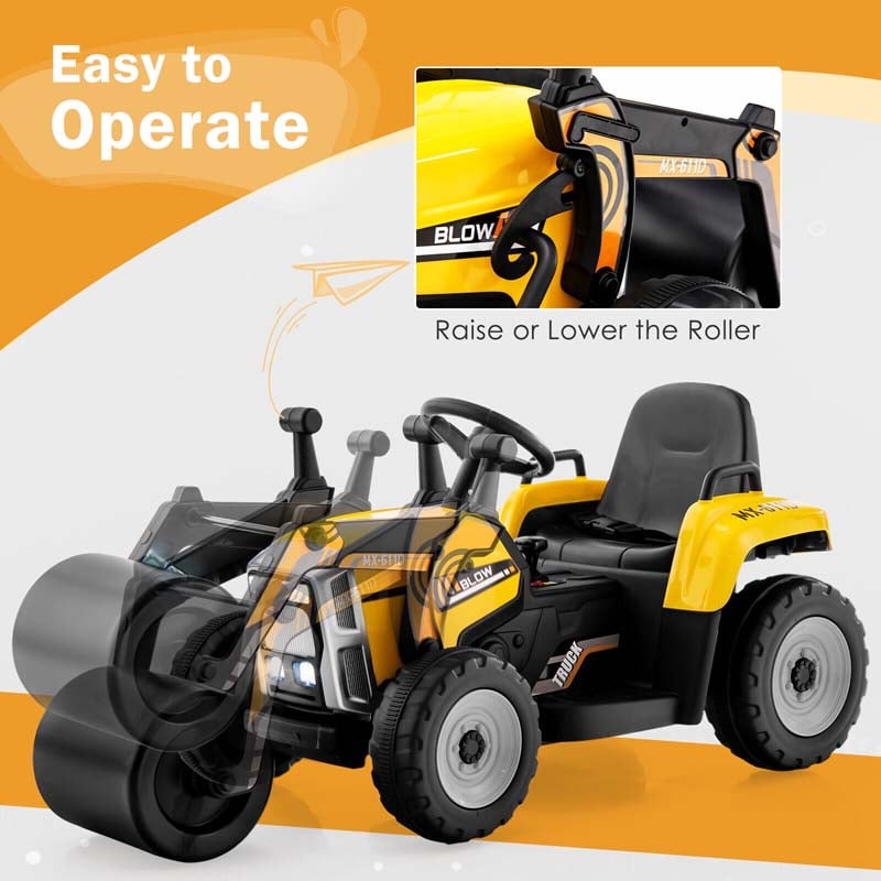 12V Kids Ride On Road Roller with Drum Roller, Battery Powered Electric Tractor RC Construction Vehicle