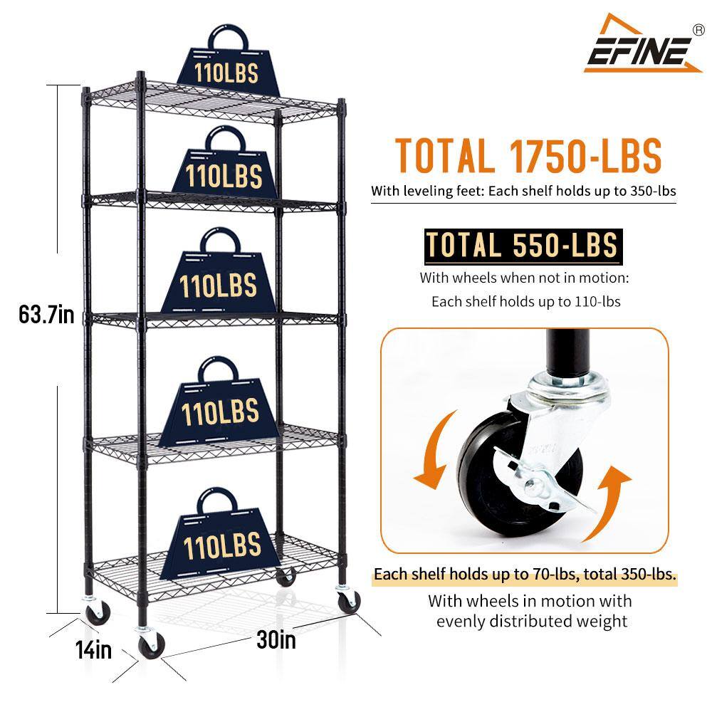 EFINE Black 5-Tier Rolling Heavy Duty Metal Wire Storage Shelving Unit Casters 1 in. Pole (30 in. W x 63.7 in. H x 14 in. D) RL33655