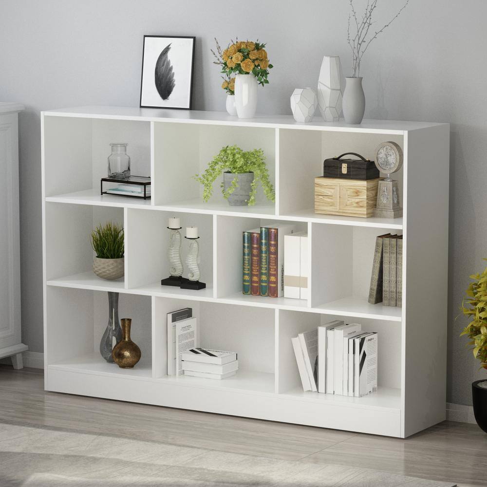 FUFUGAGA 41.3 in. H x 55.1 in. W White Wood 10-Shelf Freestanding Standard Bookcase Display Bookshelf With Cubes KF210113-04-xin