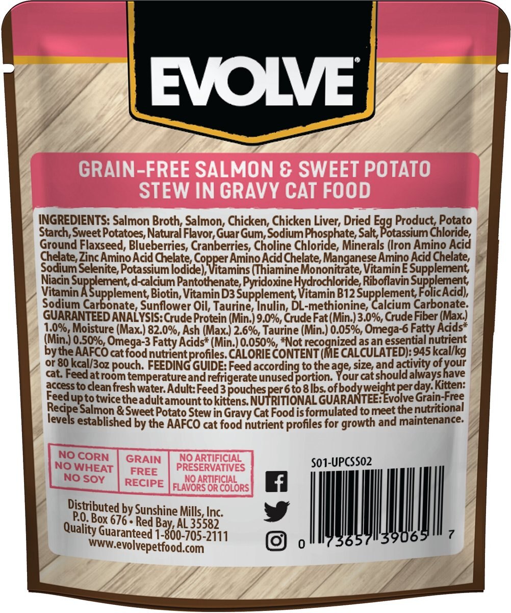 Evolve Salmon and Sweet Potato Stew in Gravy Grain-Free Wet Pouch Cat Food， 3-oz pouch， case of 24