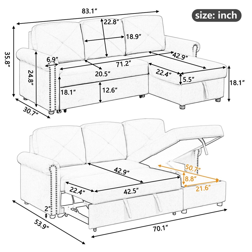 Beige Convertible Sleeper Sofa Bed with Storage Chaise Sleeper Bench