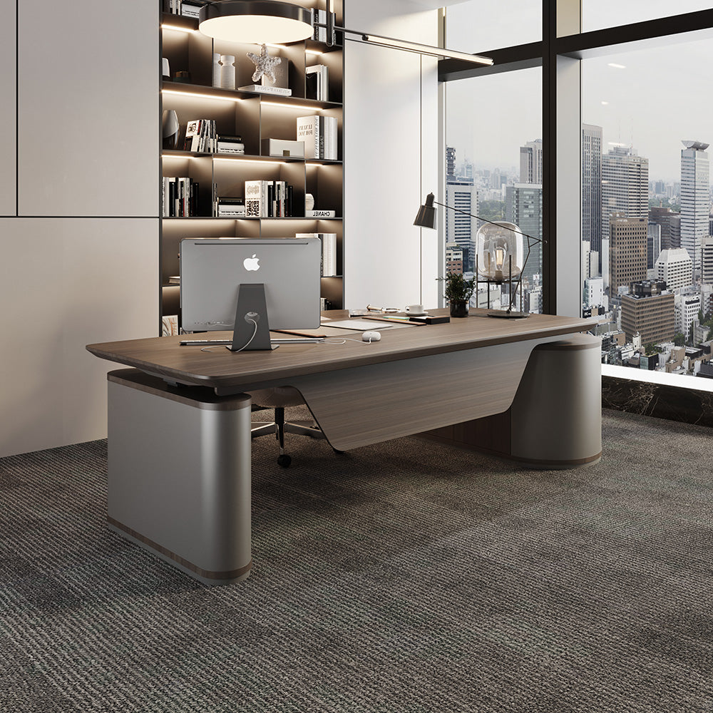 LUCA Sit & Stand Executive Desk with Electric Lift and Reversible Return 240cm - Hazelnut & Grey