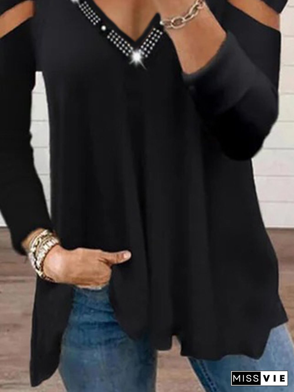 Vintage Solid Eyelet Hotfix V Neck Long Sleeves Plus Size Casual Tops