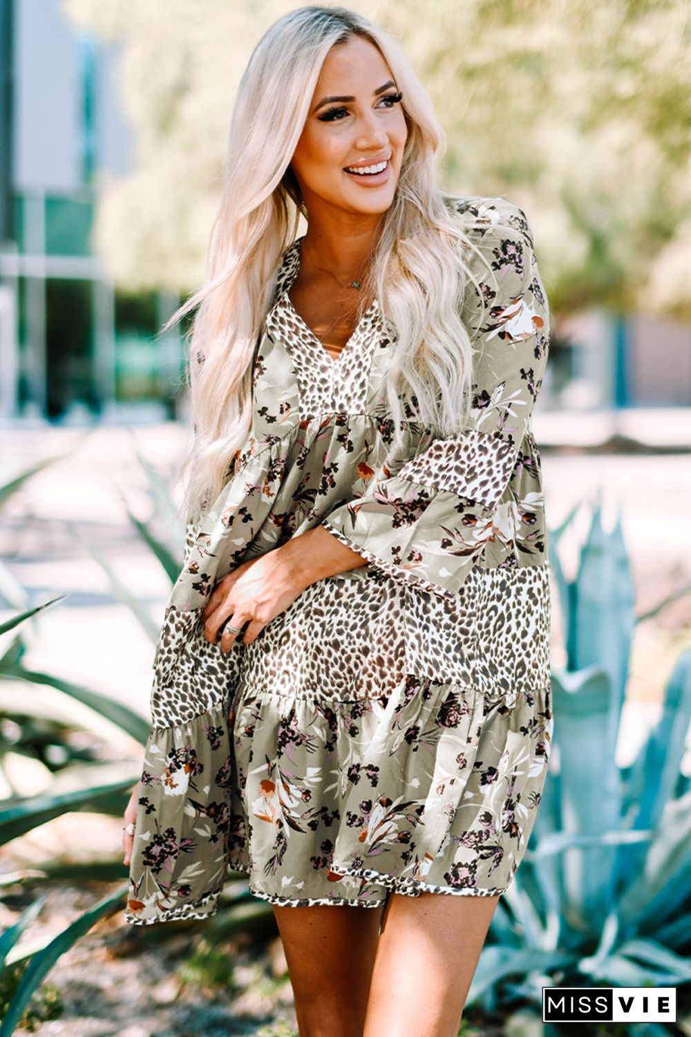 Khaki Floral Leopard Patchwork Print Bell Sleeve Dress