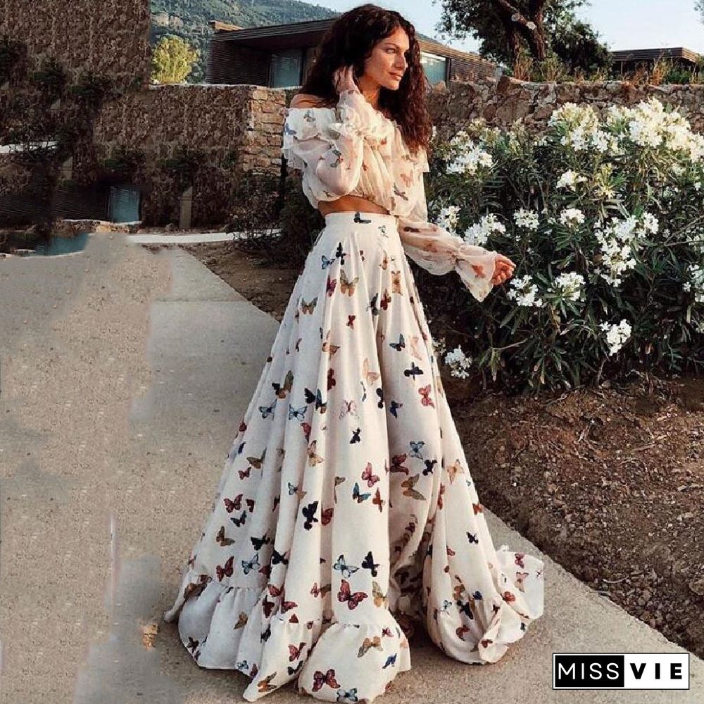 Butterfly Print Two Piece Set Large Skirt Long Skirt Beach Dress White Dresses