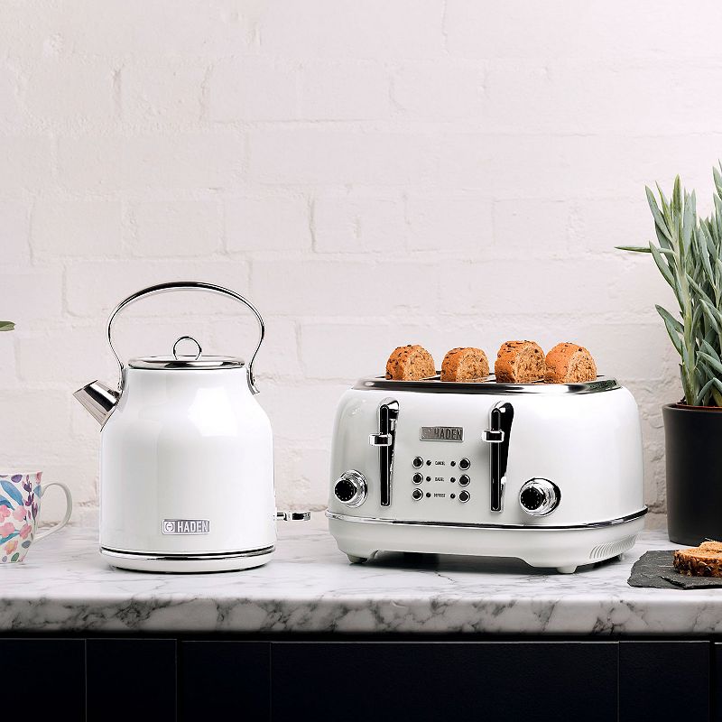 Haden Heritage 1.7 Liter Electric Tea Kettle and 4 Slice Wide Slot Toaster， White