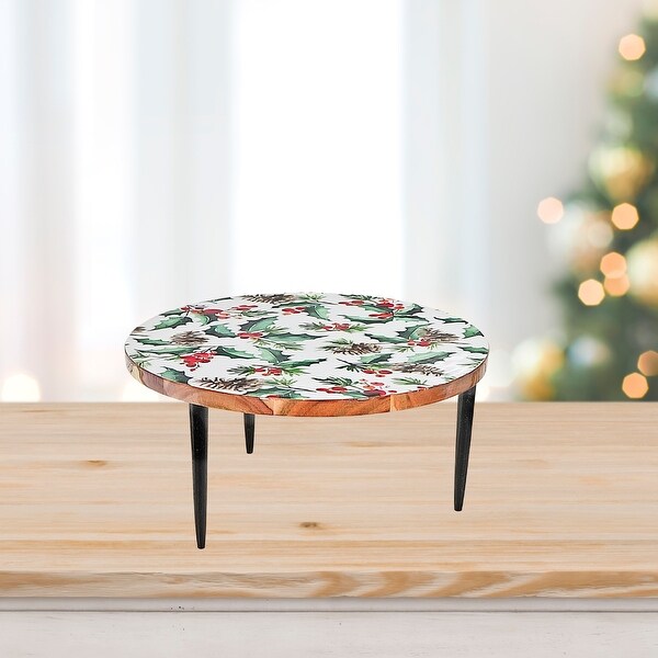 Christmas Enameled Acacia Wood Cake Stand Holly Berries