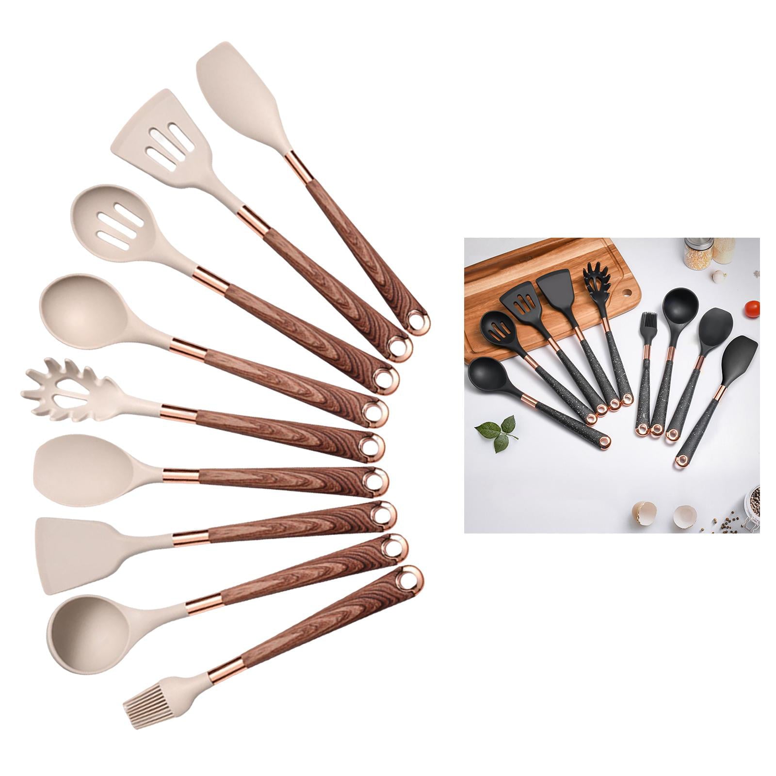 Kitchen Utensils Set,9pcs Silic Cooking Kitchen Utensils Set Heat Resistance Silic Spatula Spoon Kitchen Gadgets Utensils Set , Brown Handle