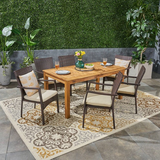 Davenport 7pc Acacia Wood amp Wicker Patio Dining Set Expandable Weather resistant Cushioned Seating Christopher Knight Home