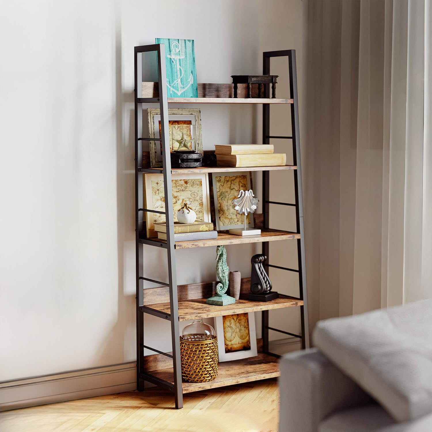 Industrial Bookshelves and Bookcases Ladder Shelf 5 Tier with Metal Frame