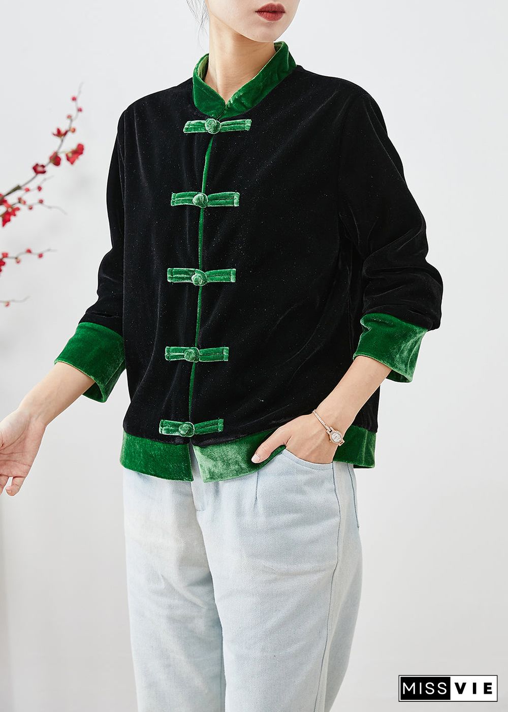 Unique Green Chinese Button Patchwork Silk Velour Jackets Fall