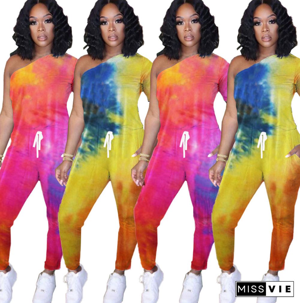 Fashion Tie-Dye Single Sleeve Loose Mid-Waist Jumpsuit