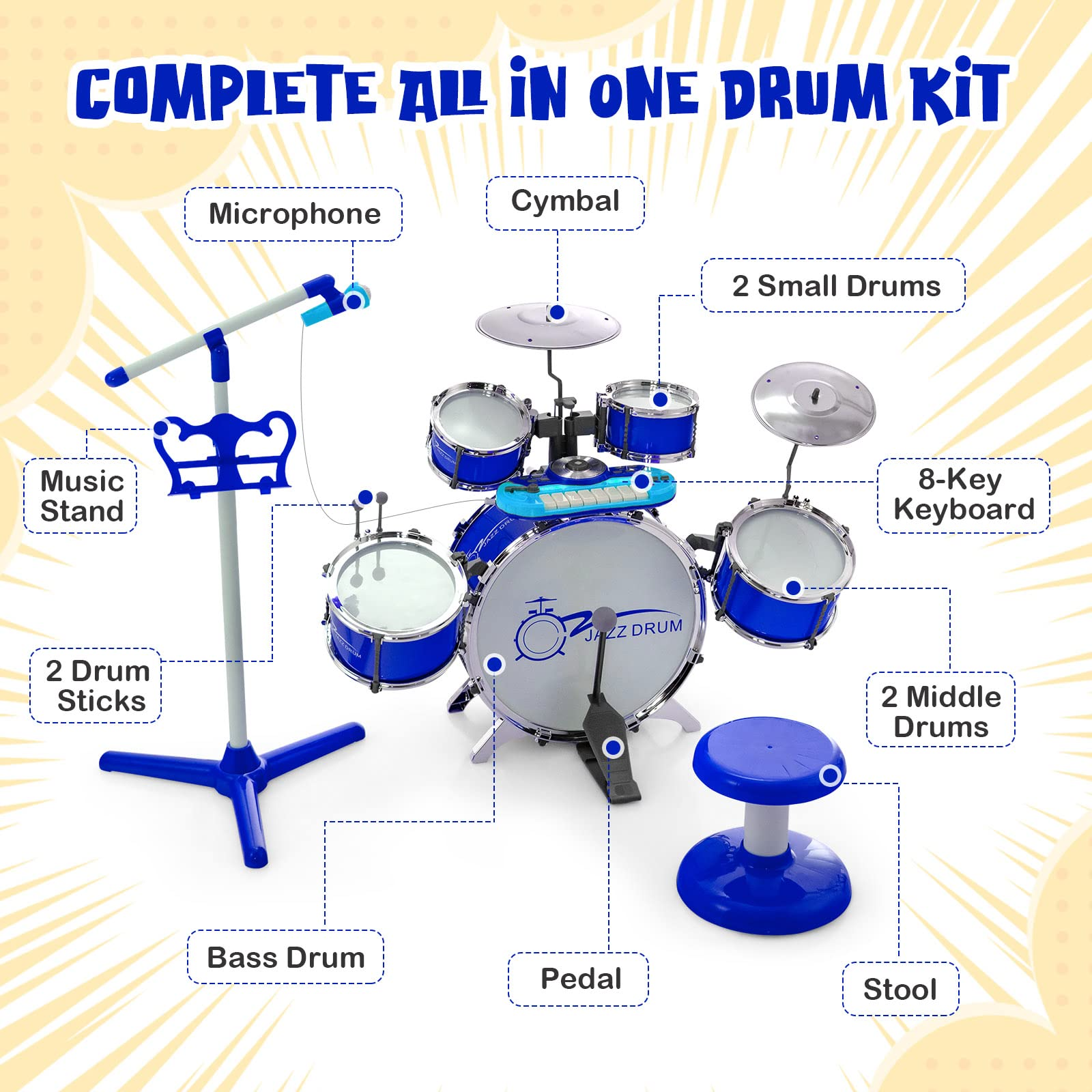 Costzon Kids Drum Keyboard Set with Stool & Microphone Stand, Jazz Drum Set with Cymbal