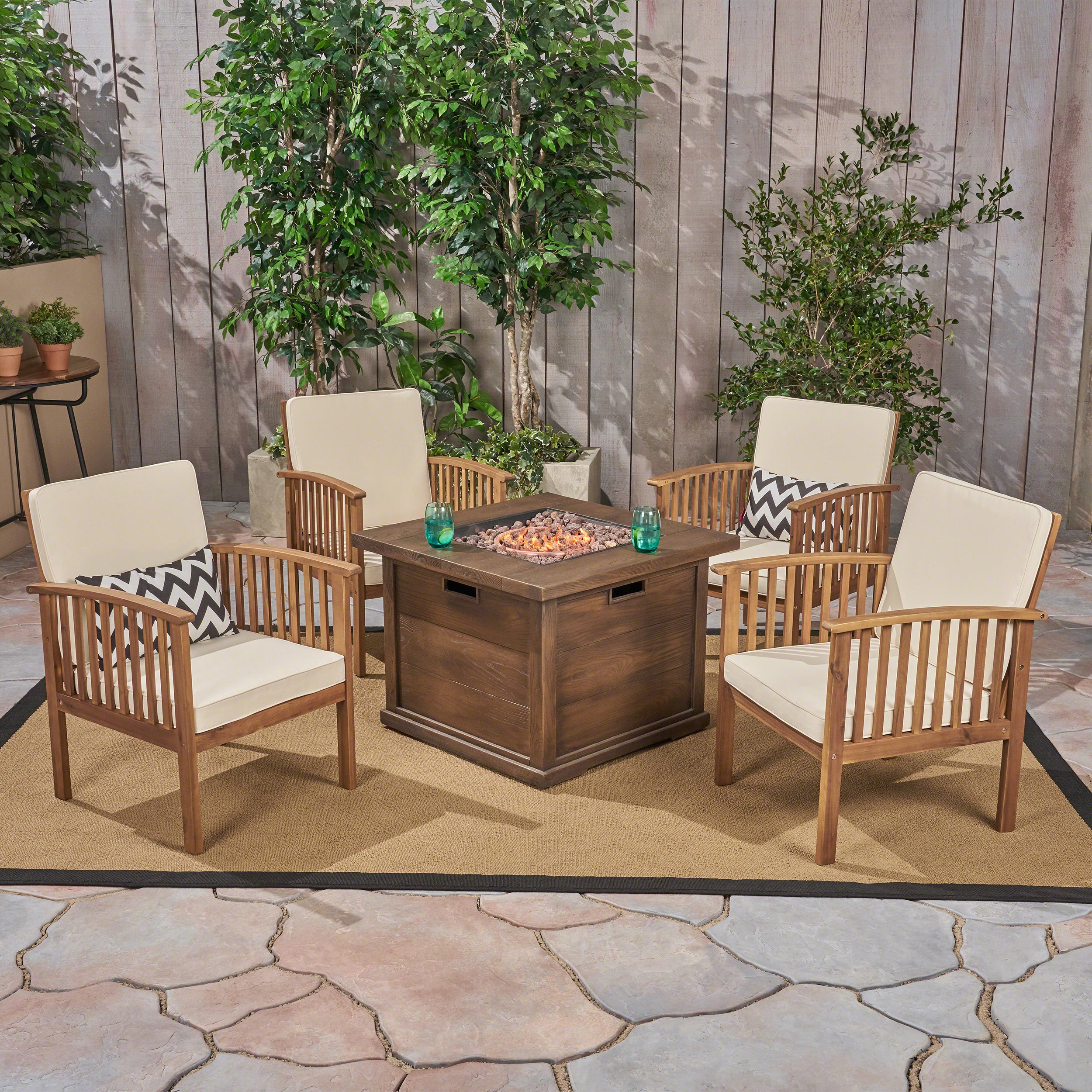 Cape Outdoor 4-Seater Acacia Wood Club Chairs with Firepit