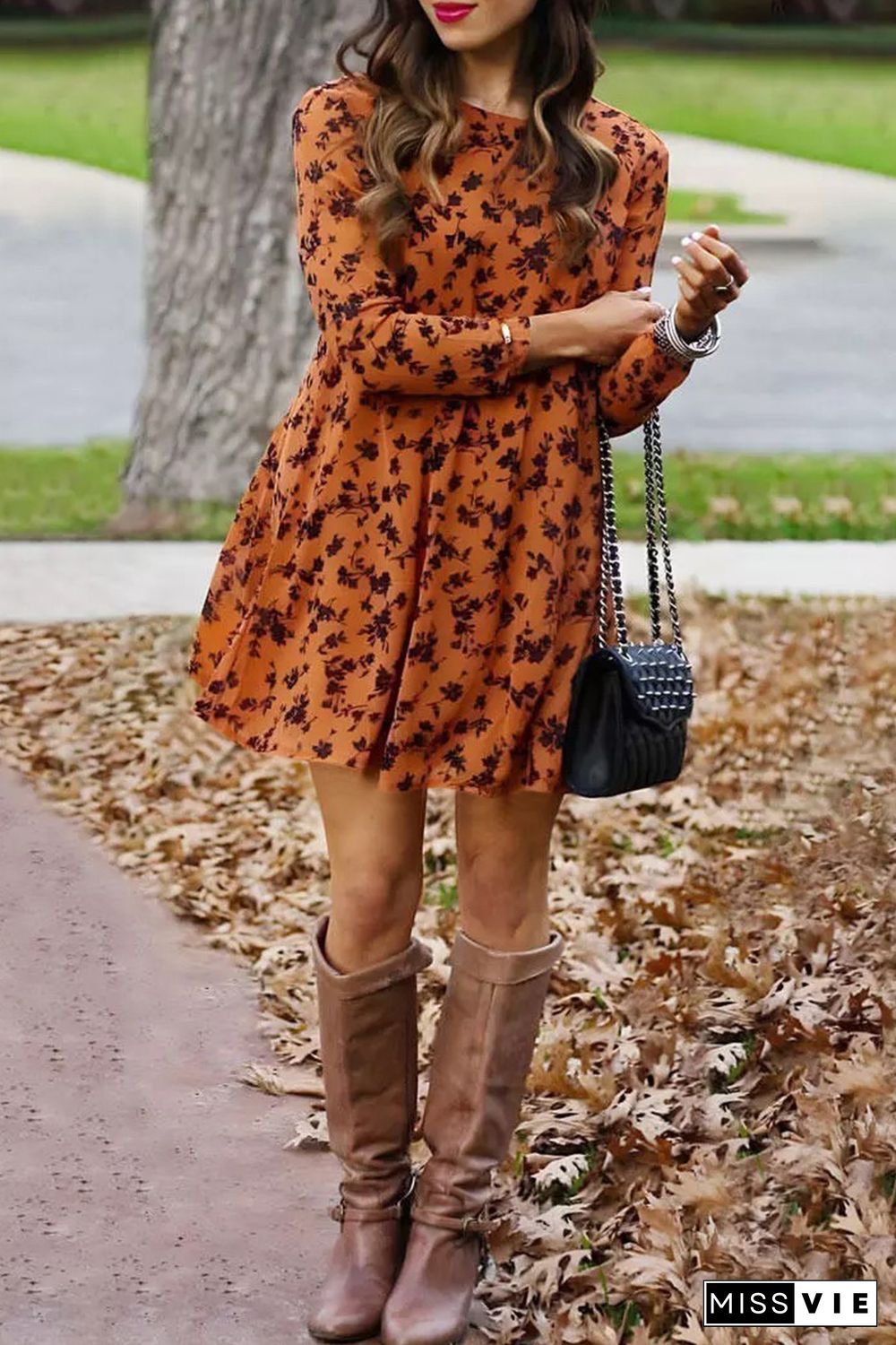 Orange Floral Print O-neck Long Sleeve Mini Dress