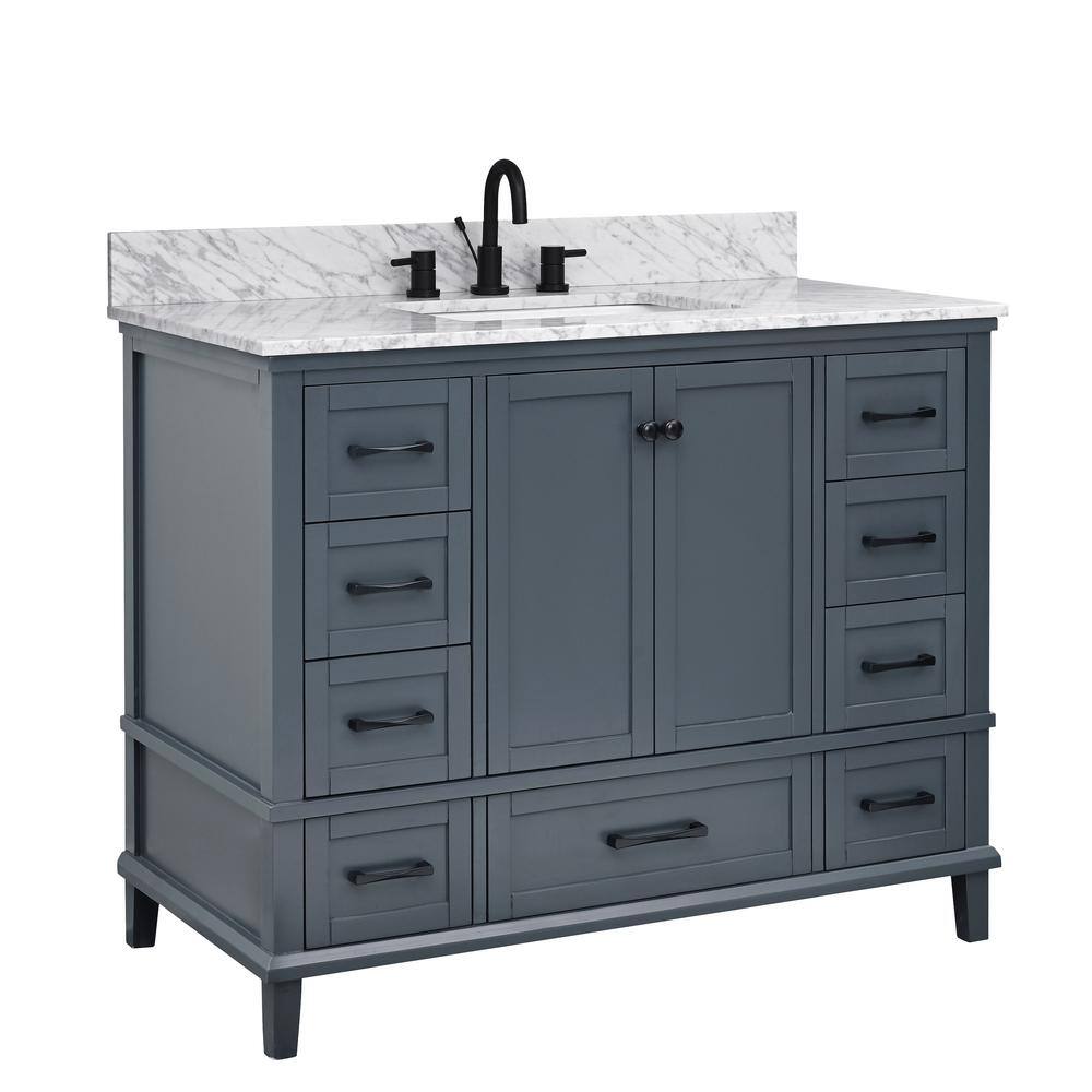 Home Decorators Collection Merryfield 43 in. W x 22 in. D x 35 in. H Freestanding Bath Vanity in Dark Blue-Gray with Carrara White Marble Top 19112-VS43-DG