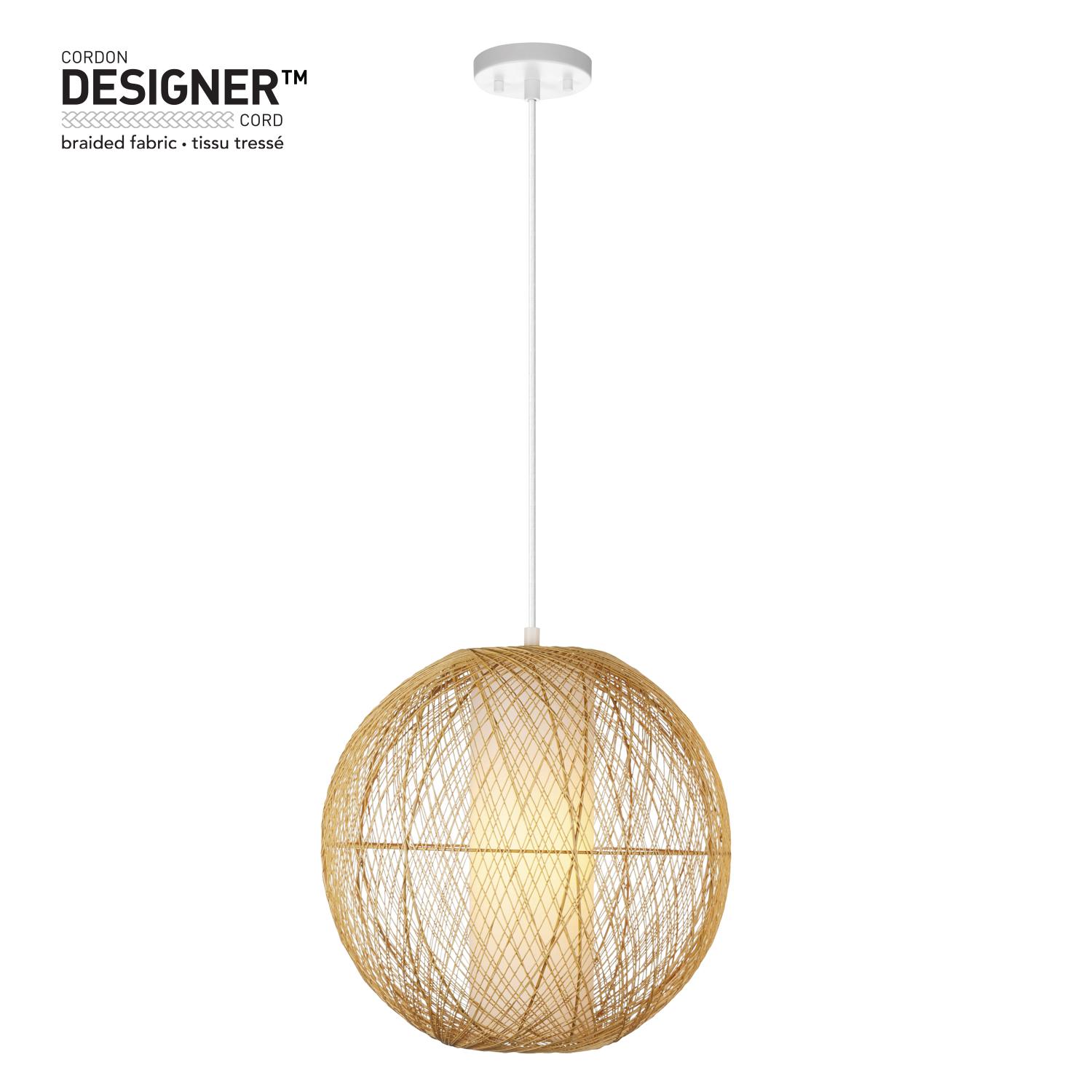 Globe Electric 1-Light Natural Rattan Pendant with White Inner Fabric Shade and Designer White Cloth Cord， Bulb Included， 61014