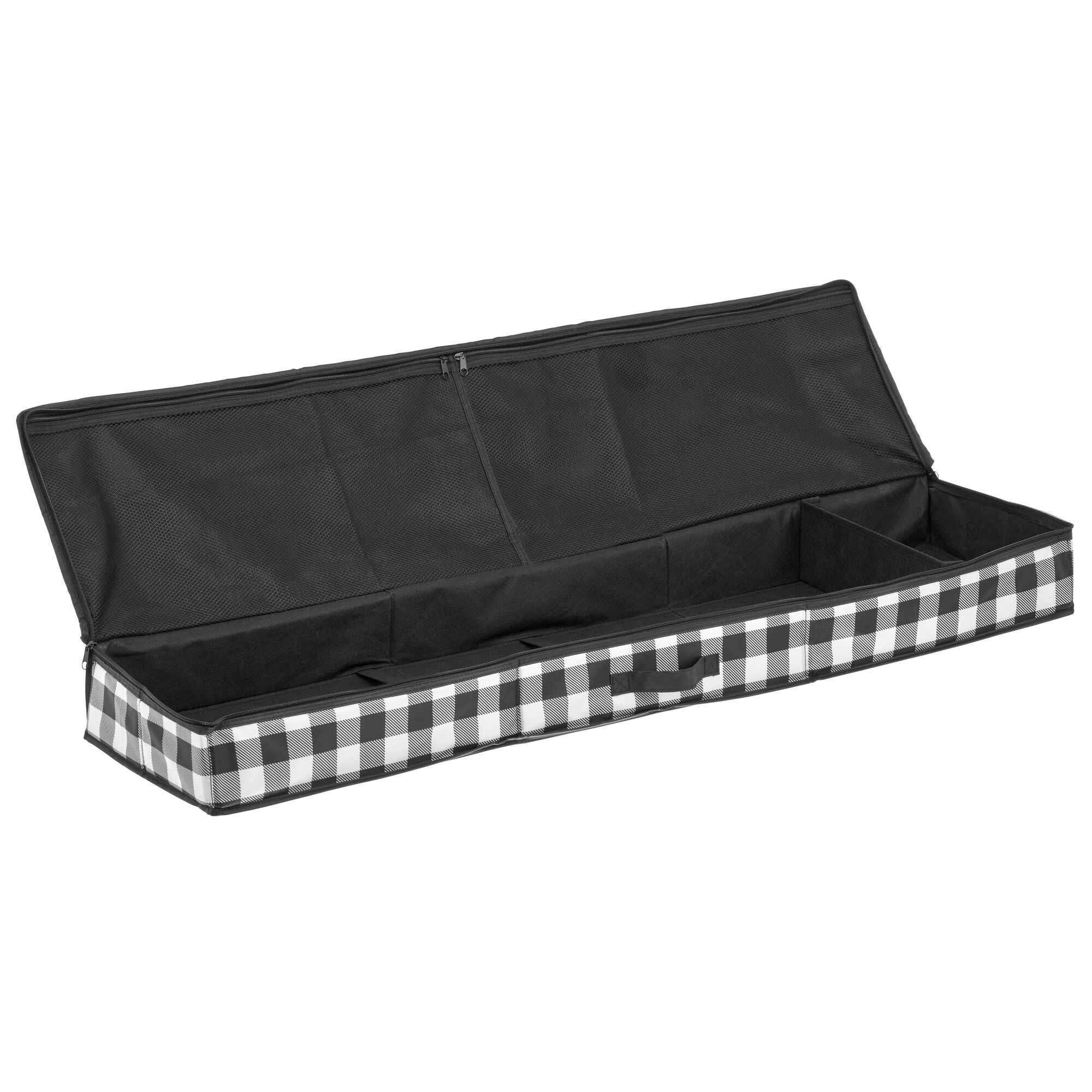 mDesign Long Gift-Wrapping Paper Storage Bag with Handles, Holder for Christmas and Holiday Organizer Container Box - Zipper Lid for Rolls of Wrap, Under Bed Storage Totes, Buffalo Plaid, Black/White