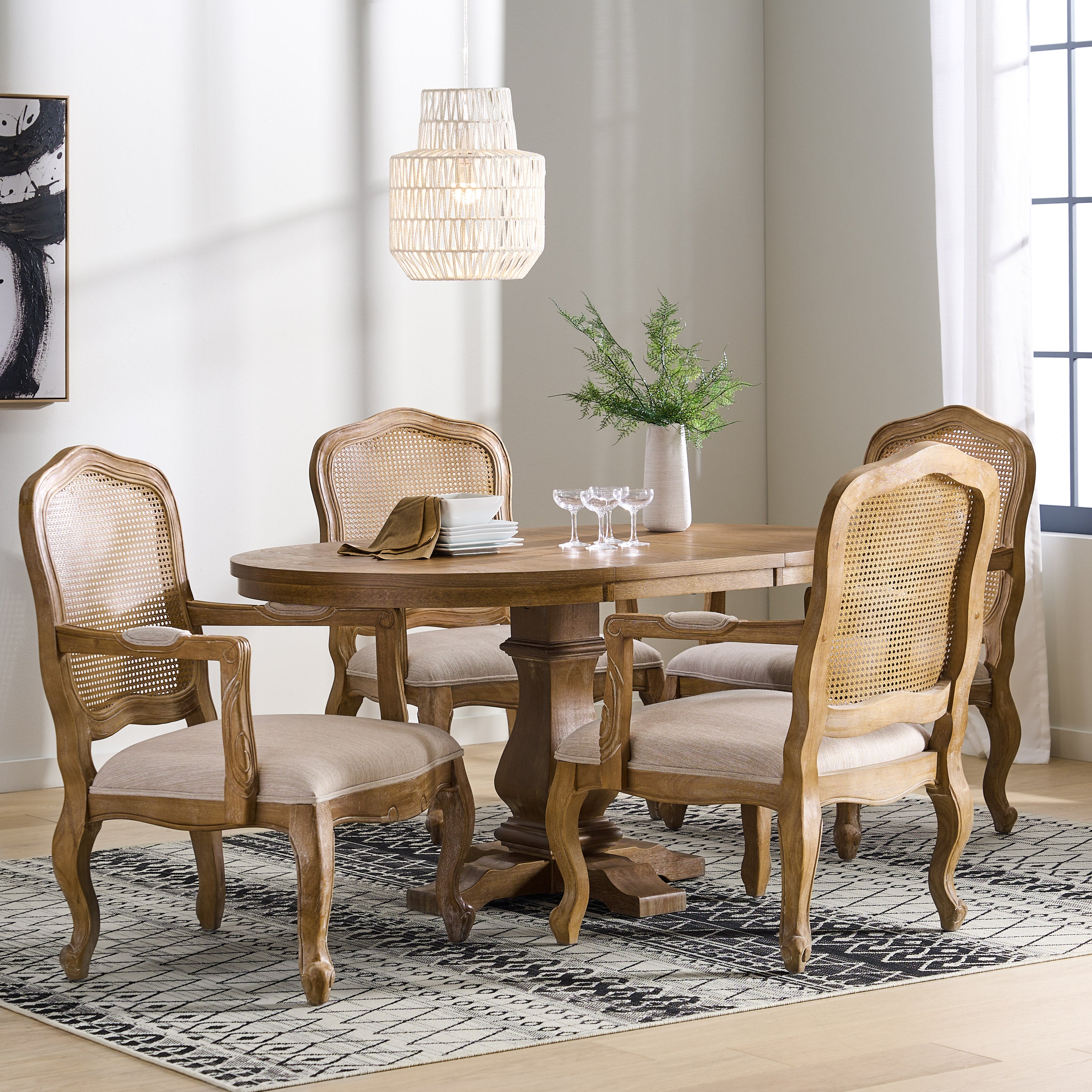 Biorn French Country Wood and Cane 5-Piece Expandable Oval Dining Set