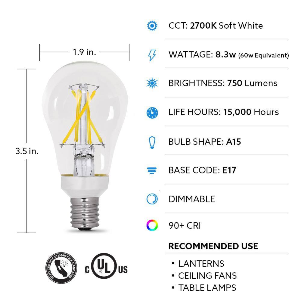 Feit Electric 60-Watt Equivalent A15 Intermediate Dimmable CEC Clear Glass LED Ceiling Fan Light Bulb Soft White 2700K (2-Pack) BPA1560N927CAFIL2