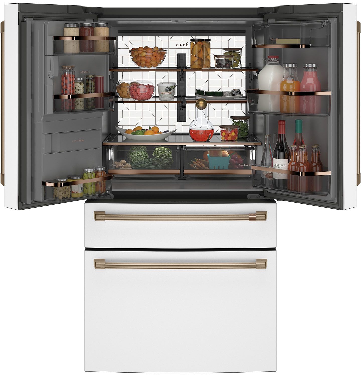 Cafe ENERGY STAR 27.6 Cu. Ft. Matte White With Brushed Bronze Smart 4-Door French-Door Refrigerator