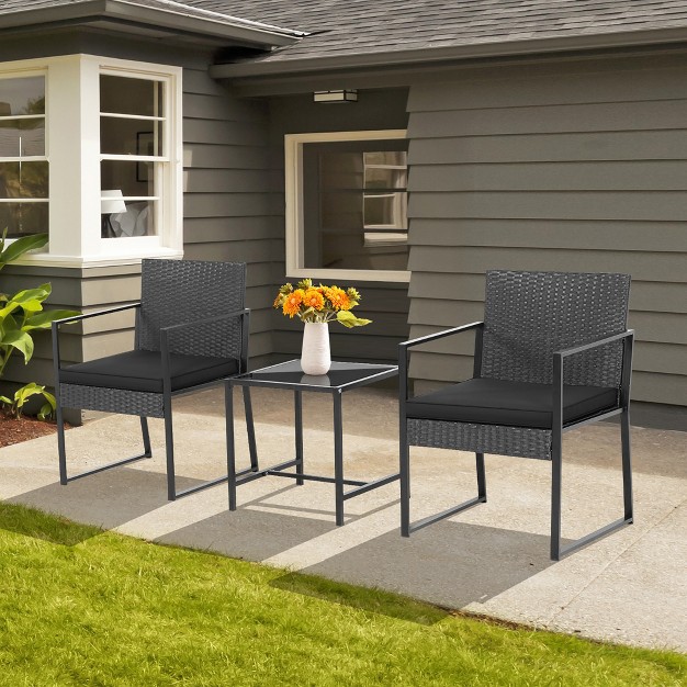 Costway 3pcs Patio Furniture Set Heavy Duty Cushioned Wicker Rattan Chairs Table Outdoor