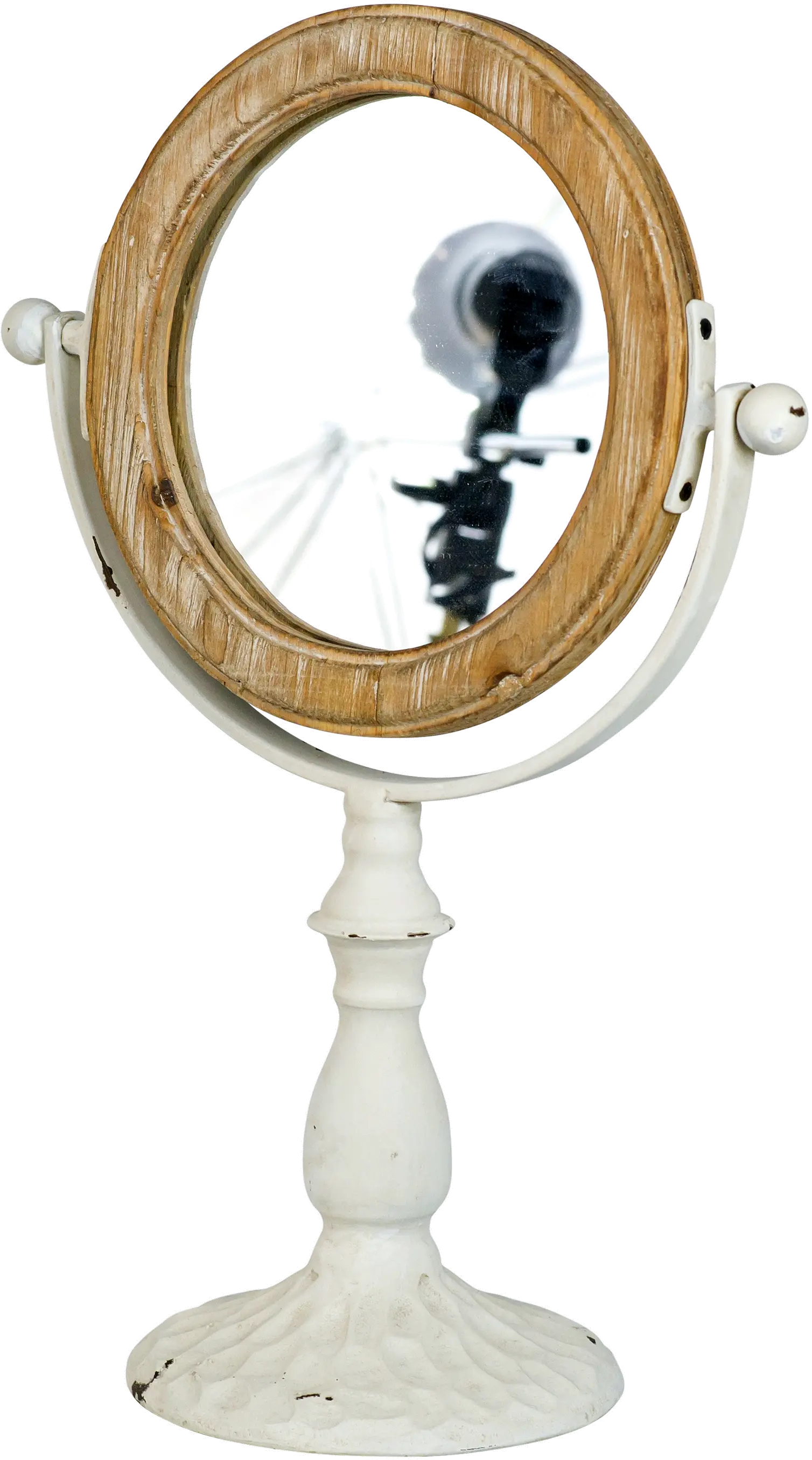 Distressed Off White Metal and Wood Standing Makeup Mirror