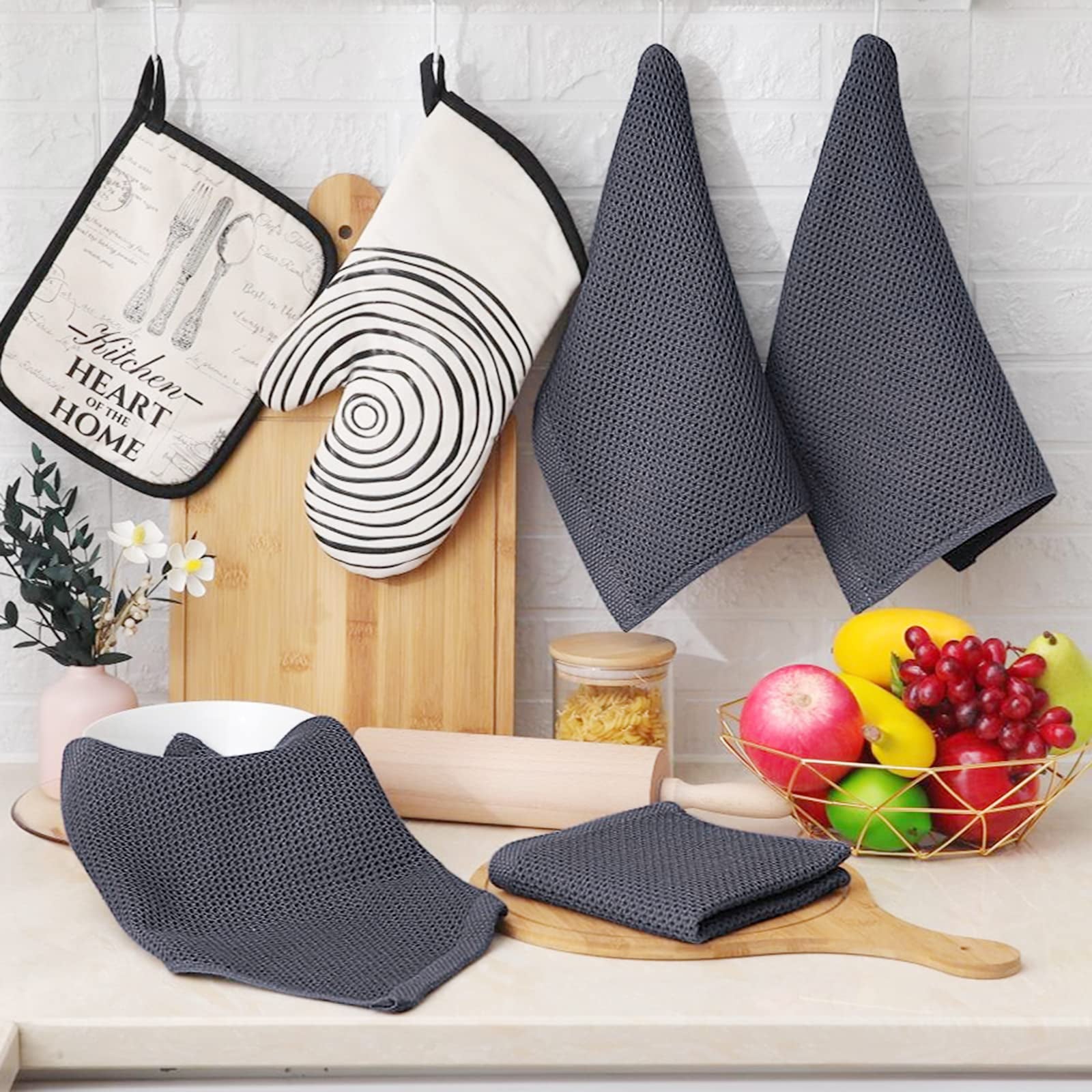 Smiry 100% Cotton Waffle Weave Kitchen Dish Cloths， Ultra Soft Absorbent Quick Drying Dish Towels， 12x12 Inches， 6-Pack， Dark Grey