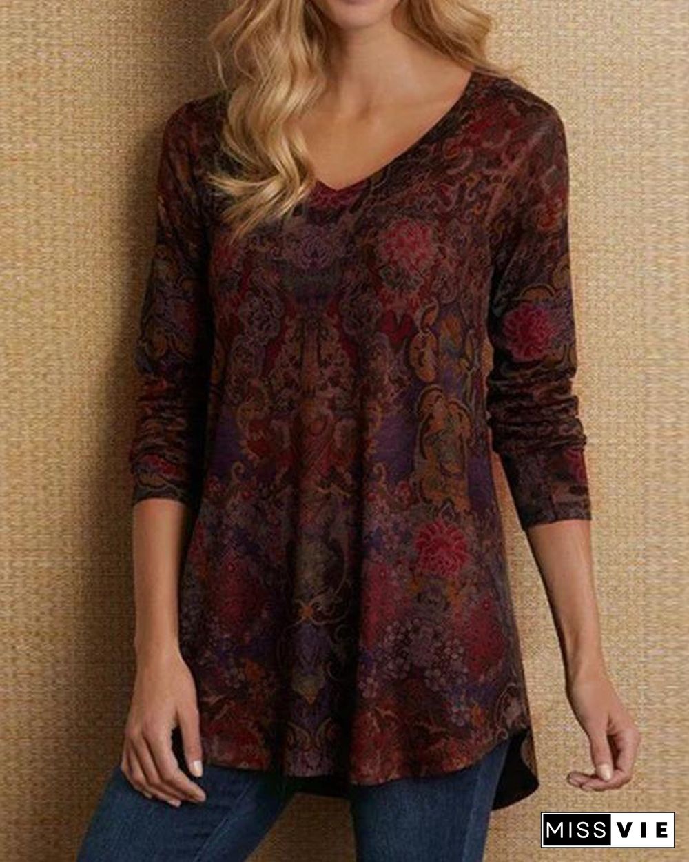 Women Long Sleeve Boho V Neck Plus Size Tops Blouses