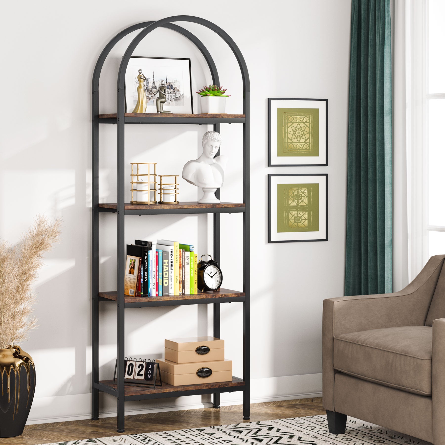 4-Tier / 5-Tier Bookshelf, Arched Bookcase Display Rack with Storage Shelves