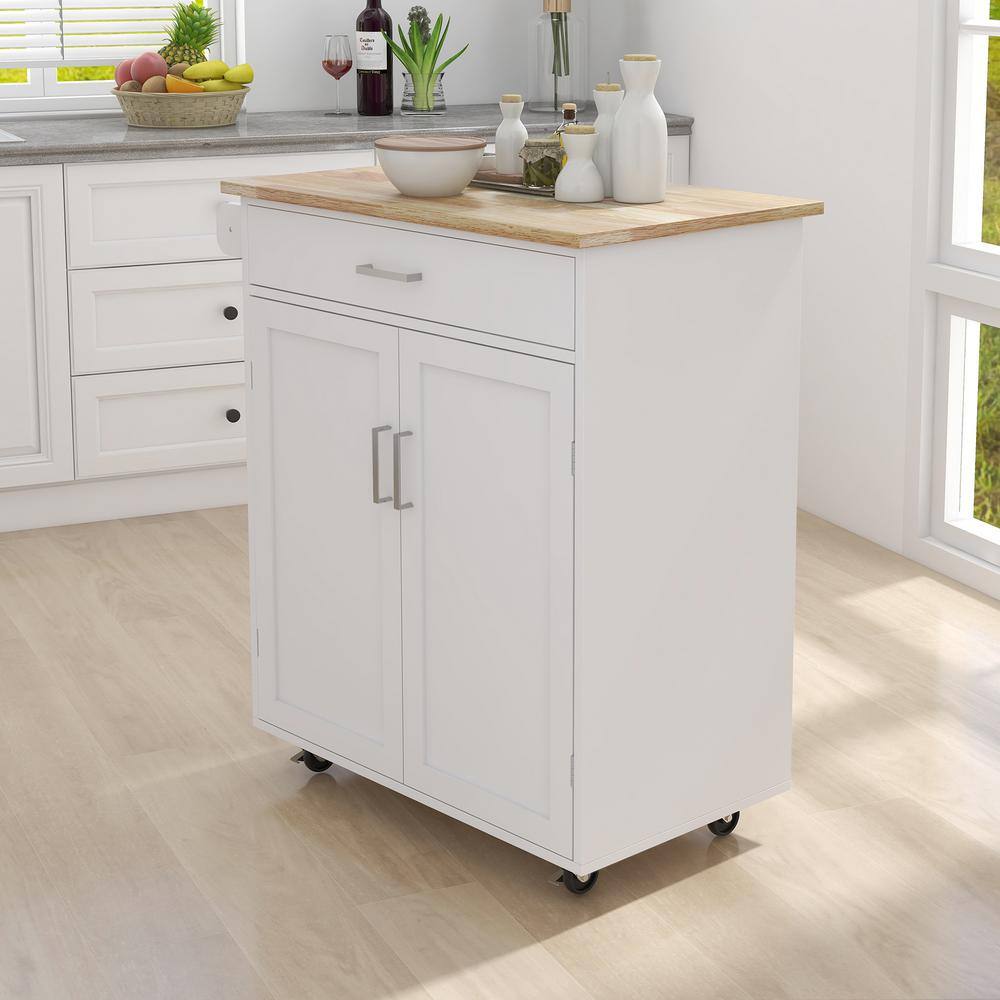 Modern White Kitchen Island Rolling Trolley Cart with Brakes Towel Rack and Rubber Wood Table Top Alloy Door Handle ZY-W28235386