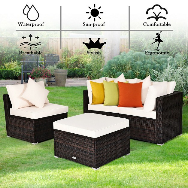 Costway 4pcs Patio Rattan Wicker Sofa Furniture Set Cushioned Conversation Ottoman Set