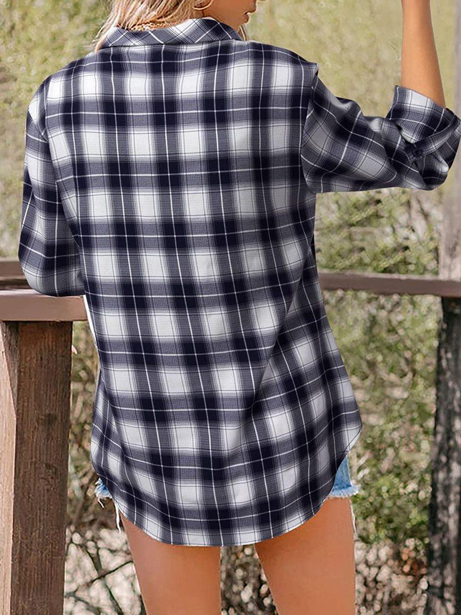 Casual Check V-Neck Long Sleeve Blouse